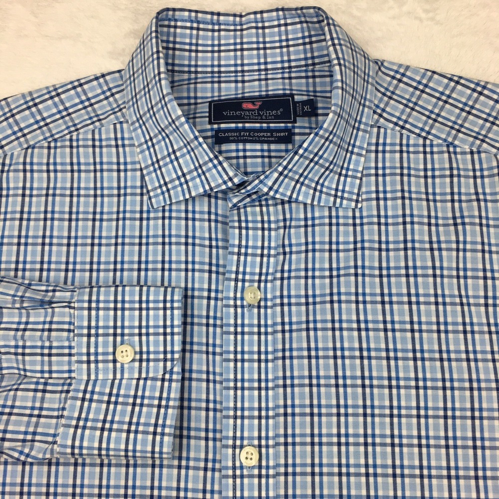 Vineyard‎ Vines Shirt Mens XL Blue Checks Classic Fit Cooper Stretch